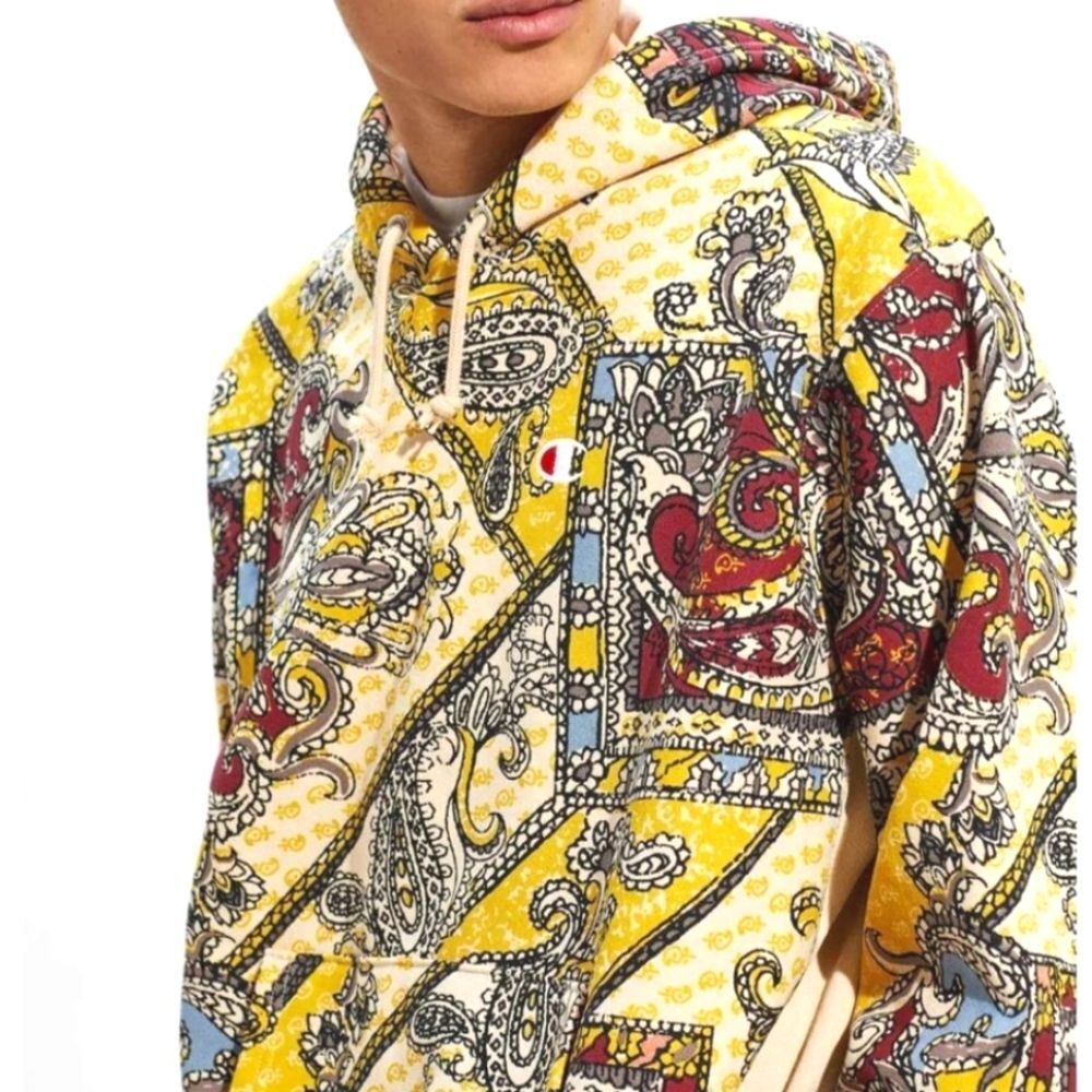 CHAMPION Reverse Weave Paisley Hoodie Sweater Men's Size Small Beige Yellow